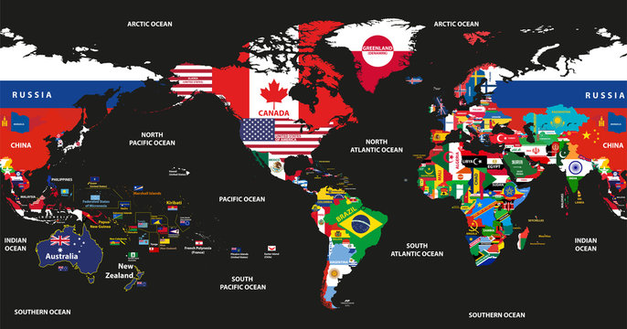 vector illustration of world map jointed with national flags with countries and oceans names centered by America