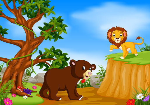 bear and lion with mountain cliff scene
