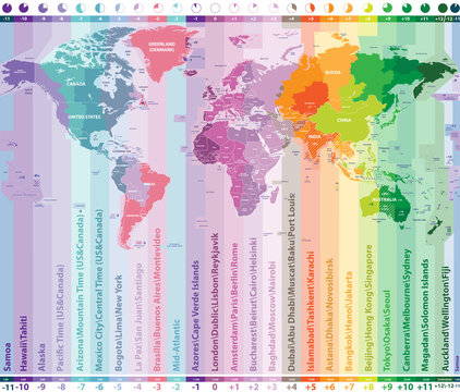 world time zones vector map with countries names and borders