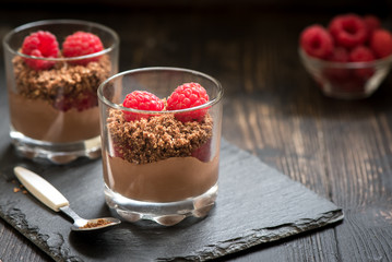 Chocolate dessert with raspberries