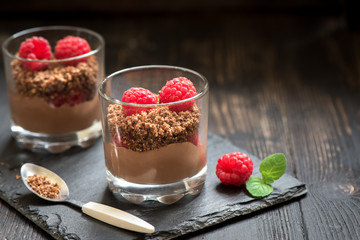 Chocolate dessert with raspberries