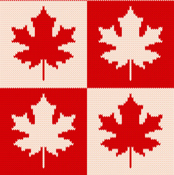 Maple leaves on checkered background - Seamless knitting pattern