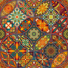 Seamless pattern with decorative mandalas. Vintage mandala elements. Colorful patchwork. - 191732089