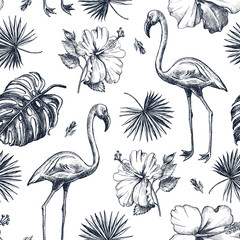 Decorative seamless pattern with ink hand-drawn Tropical hibiscus flowers, leaves and flamingo bird. Vector illustration. © olga_zaripova