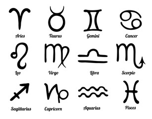 Set of 12 hand drawn zodiac signs. Black astrological symbols