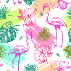 Decorative seamless pattern with ink hand-drawn Tropical hibiscus flowers, leaves and flamingo bird. Vector illustration. © olga_zaripova