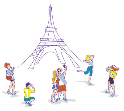 Vector Illustration of travelers at Eifel tower taking a photo and selfie using camera and mobil. 