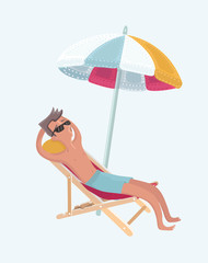 A hipster man with the beard sitting in a chaise longue on the beach. Young happy man resting on holiday while sitting under umbrella on the beach. Vector flat design illustration. Square layout.