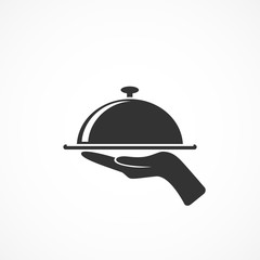 Vector image of icon tray with lid with hand.Sign of food.