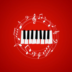  Piano keys with stave and music notes on red background. Music festival poster. Music elements for card, poster, party invitation. Music background design vector illustration