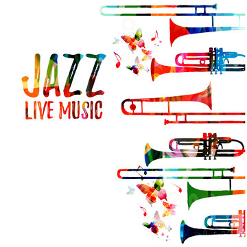 Jazz music colorful background. Jazz music festival poster. Word jazz with saxophone isolated vector illustration. Music instrument vector