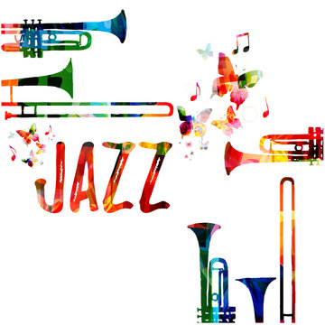 Jazz music colorful background. Jazz music festival poster. Word jazz with saxophone isolated vector illustration. Music instrument vector