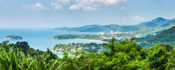 Patong Beach, Karon Beach and Kata Beach. Panoramic view from Karon Viewpoint at Phuket island, Thailand.