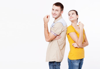 Fototapeta premium Happy young couple smiling. Man and woman hugging.
