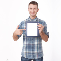 Young woman showing tablet PC, closeup isolated on white background.