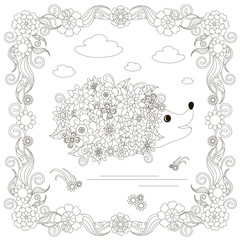 Monochrome doodle hand drawn hedgehog, clouds, flowers, frame. Anti stress stock vector illustration