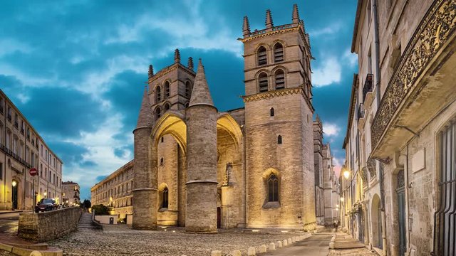 Gothic Cathedral of Saint Peter at dusk in Montpellier, Occitanie, France (static image with animated sky)
