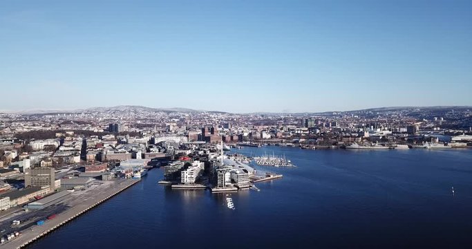 Close up aerial view on Aker Brygge and Akershus in Oslo, Norway