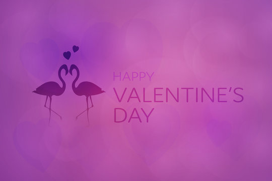 Valentine’s day. Background with hearts and flamingos. Text: Happy Valentine’s Day