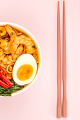 Japanese Style Prawn And Noodle Ramen Soup With Pak Choi And Chillies