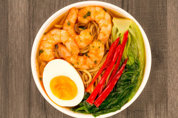 Japanese Style Prawn And Noodle Ramen Soup With Pak Choi And Chillies