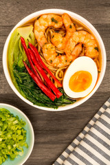 Japanese Style Prawn And Noodle Ramen Soup With Pak Choi And Chillies