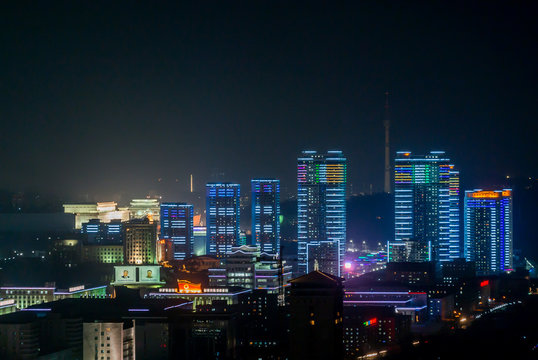 Pyongyang night skyline lights
