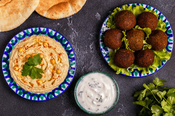 Classic falafel and hummus on the plates.