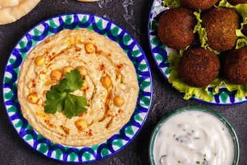 Classic falafel and hummus on the plates.
