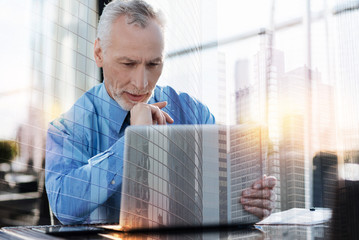 Interesting idea. Calm attentive smart businessman feeling interested while sitting with his hand touching the chin and looking attentively at the screen of his modern laptop