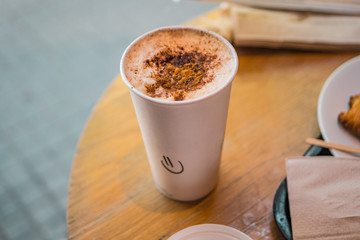 Freshly brewed coffee in a street European cafe