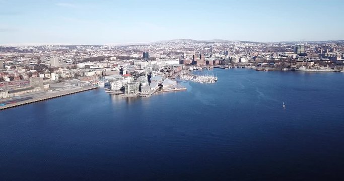 Close up aerial view on Aker Brygge and Akershus in Oslo, Norway