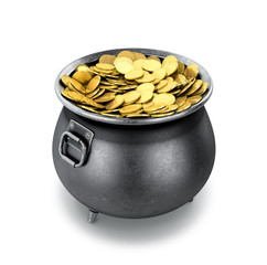 Full pot of gold coins on a white background. 3D illustration