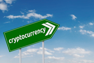 Cryptocurrency word on the green signboard