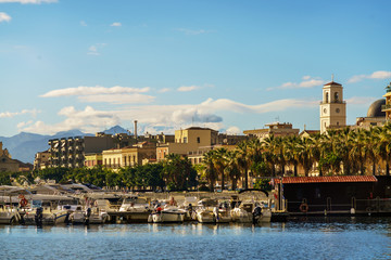 View of the town of Milazzo from the sea, Sicily, Italy