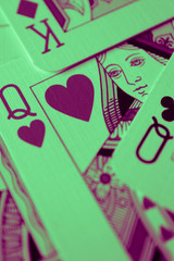 Queen of red hearts macro, fortune-telling cards. Mystic card ritual, prediction of female love fortune, close up.