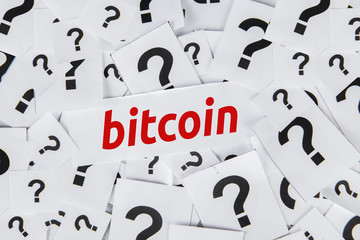 Bitcoin word with question marks symbol
