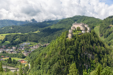 Castle Hohenwerfen in Pongau valley Austria. Former film location Where Eagles Dare. The castle is situated at a strategic position at the top of a mountain with a view over the valley.