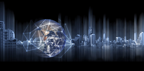 Global business and networking, Double exposure Globe with network connection lines and modern buildings, on black background. Element of this image are furnished by NASA