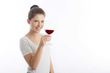 young woman hold and drink a glass of red wine