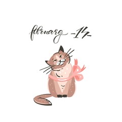Hand drawn vector abstract modern cartoon Happy Valentines day concept illustrations card with cute cat and handwritten modern ink calligraphy text february 14 isolated on white background