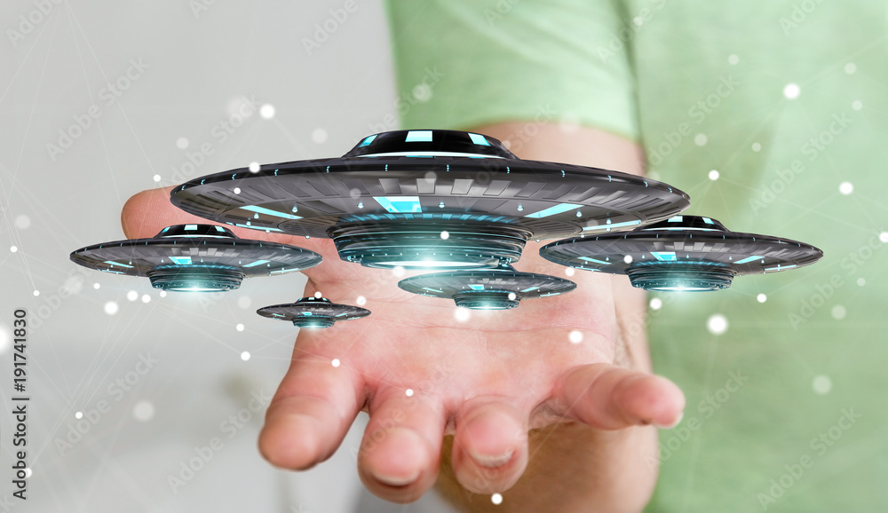 Poster Businessman with retro UFO spaceship 3D rendering