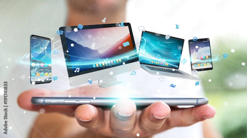 Aufkleber businessman connecting tech devices and icons applications 3d rendering
