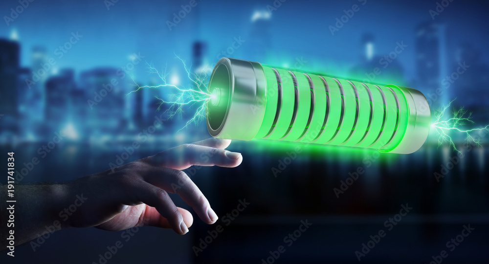 Aufkleber businessman using green battery with lightnings 3d rendering