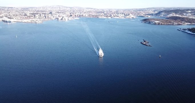 Ferry boat in Oslofjord near Oslo, Norway in winter 2018