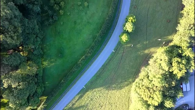 Aerial top down view on a road on Bygdoy, Oslo, Norway in summer