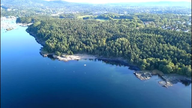 Flying drone over beach on Bygdoy, Oslo, Norway