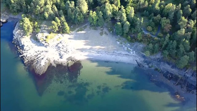 Flying drone over beach on Bygdoy, Oslo, Norway