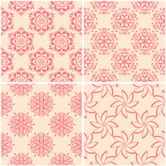 Floral patterns. Set of beige and red seamless backgrounds