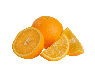 Orange cut into slices on a white background.